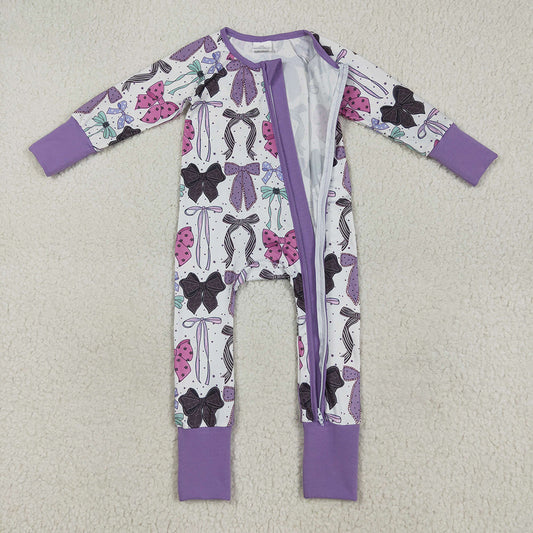 LR2358  Bows Purple Baby Girls Halloween Zipper Sleeper Romper