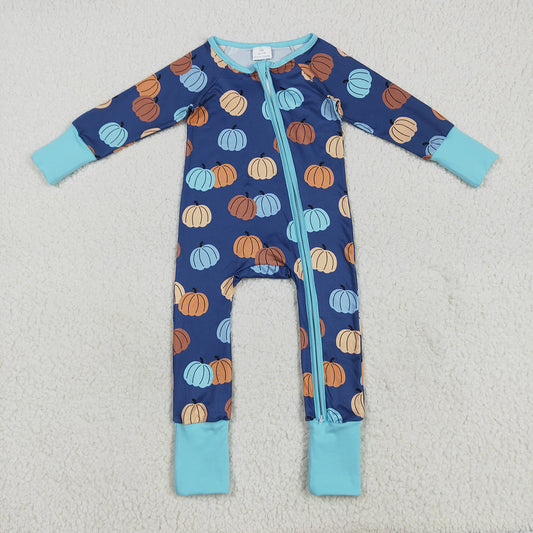LR2364 Pumpkin Blue Print Baby Boys Fall Zipper Sleeper Romper