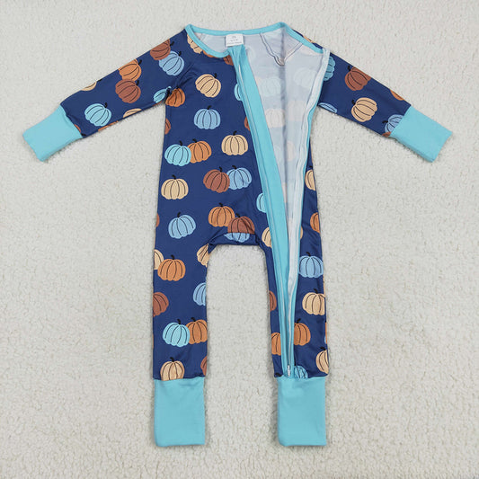 LR2364 Pumpkin Blue Print Baby Boys Fall Zipper Sleeper Romper