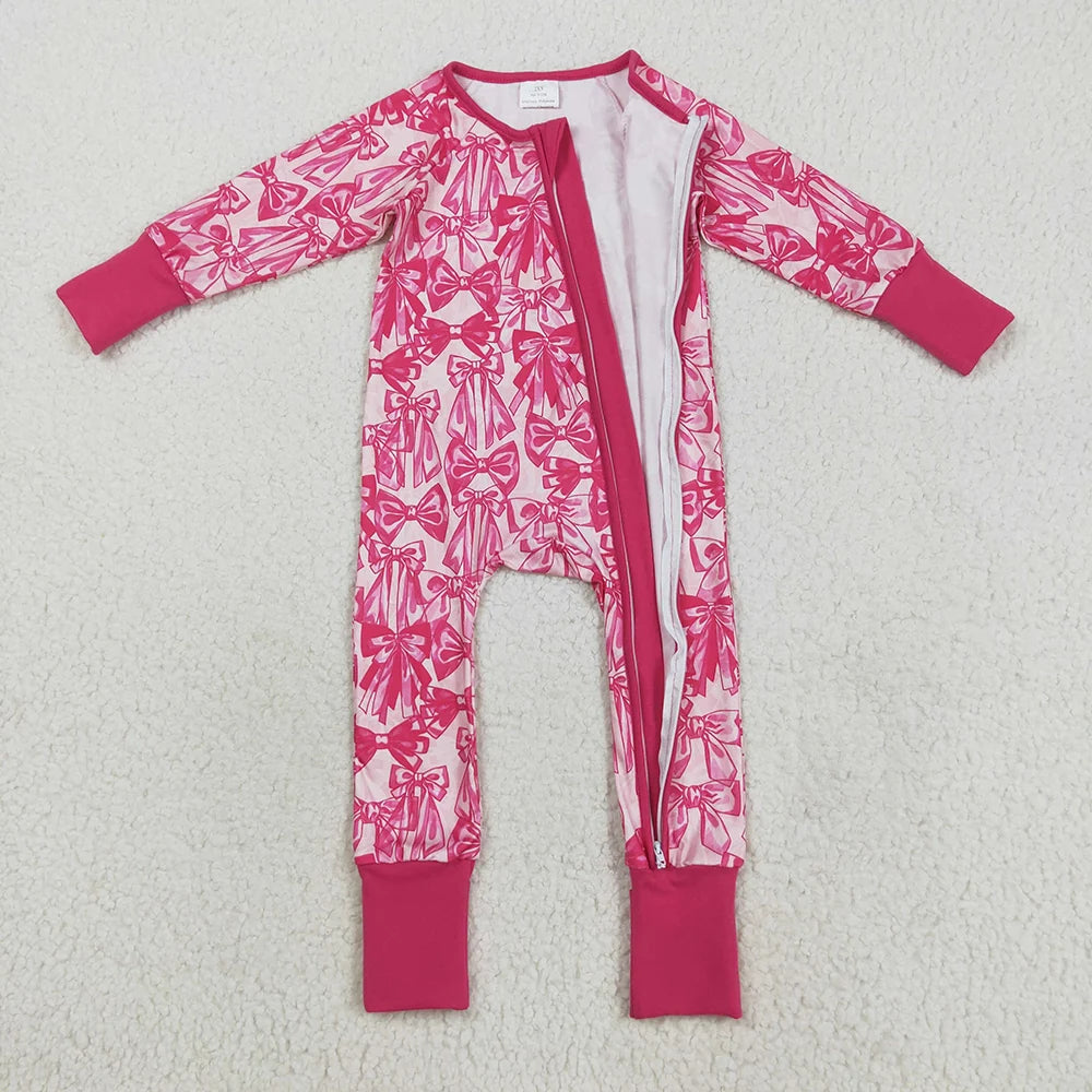 Sibling Baby Girls Hot Pink Bows Plaid Pajams Sets Zipper Footie Rompers