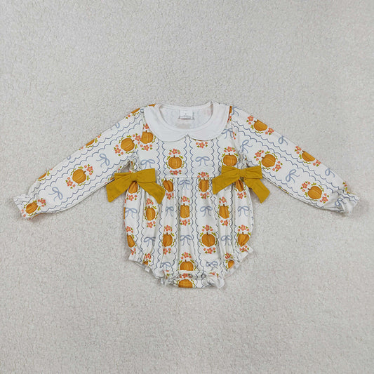 LR2389 Pumpkin Flowers Bows Print Baby Girls Fall Romper