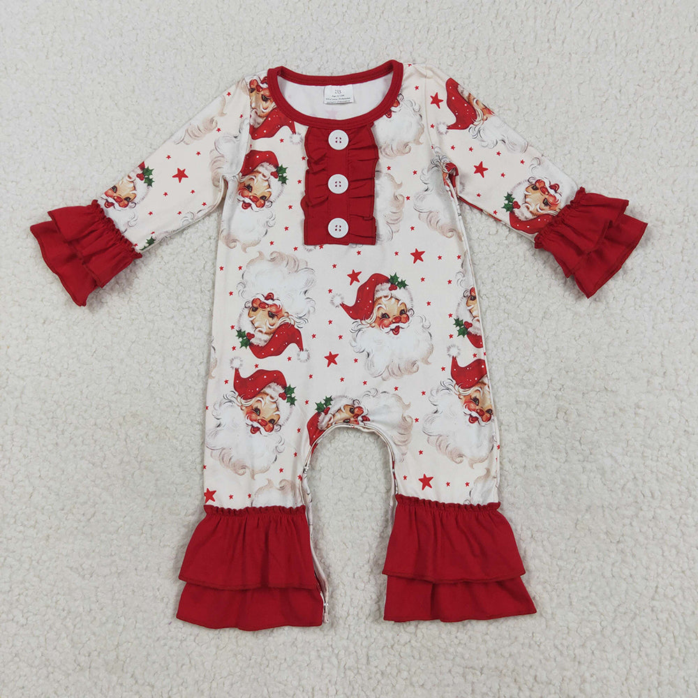 LR2395 Santa Stars Print Baby Girls Christmas Ruffle Romper