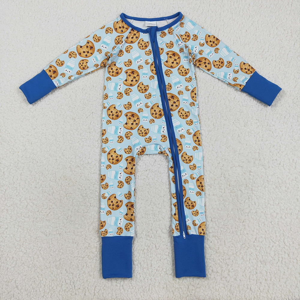 LR2397 Cookies Milk Blue Print Baby Boys Christmas Zipper Sleeper Romper