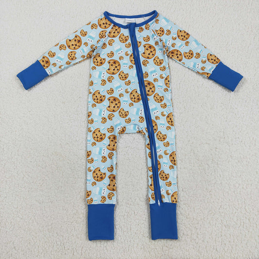 LR2397 Cookies Milk Blue Print Baby Boys Christmas Zipper Sleeper Romper