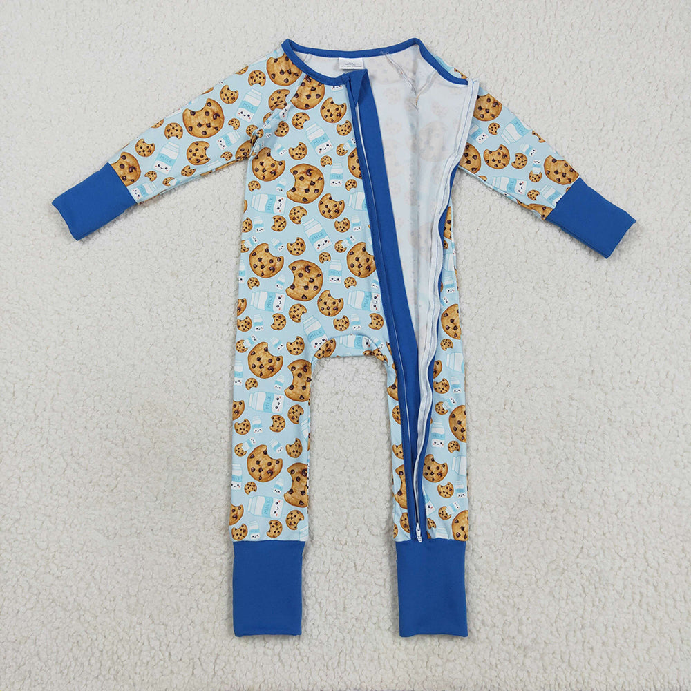 LR2397 Cookies Milk Blue Print Baby Boys Christmas Zipper Sleeper Romper
