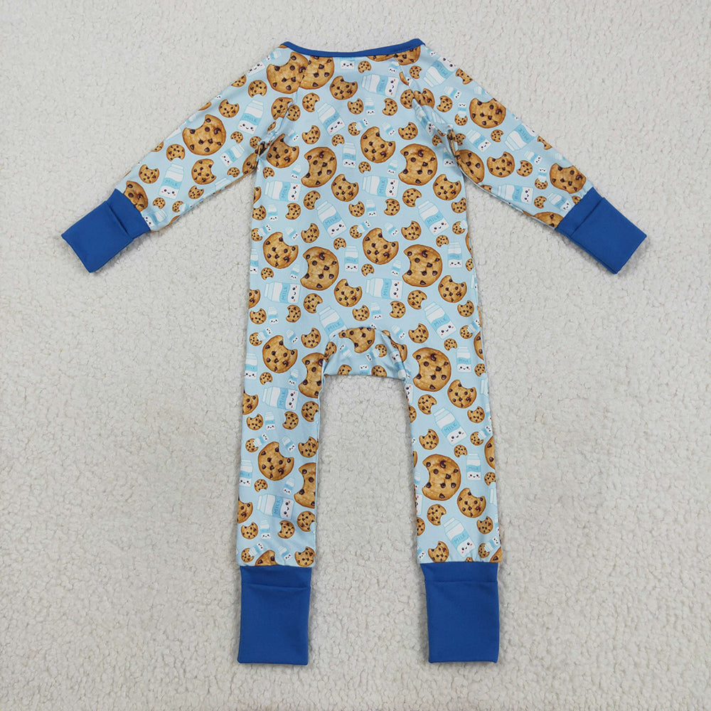 LR2397 Cookies Milk Blue Print Baby Boys Christmas Zipper Sleeper Romper