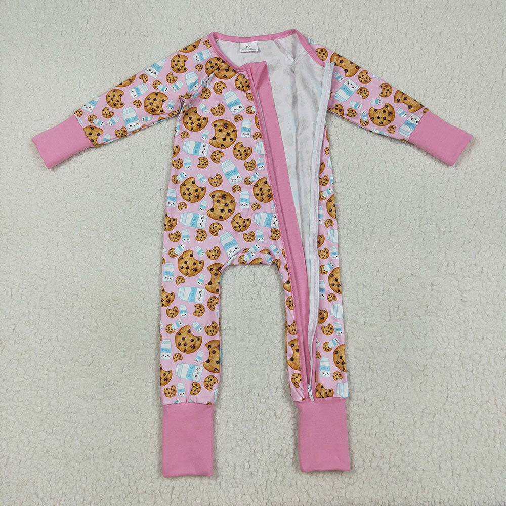 LR2398 Cookies Milk Pink Print Baby Girls Christmas Zipper Sleeper Romper