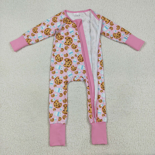 LR2398 Cookies Milk Pink Print Baby Girls Christmas Zipper Sleeper Romper