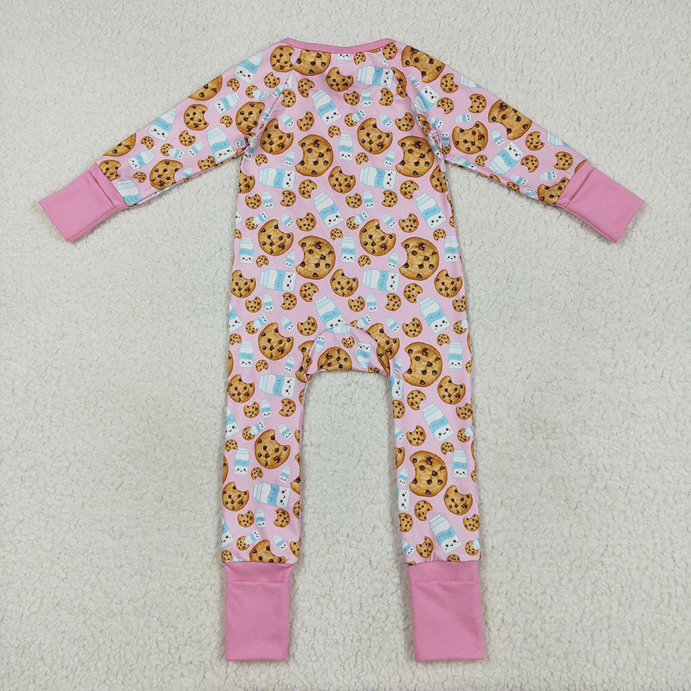 LR2398 Cookies Milk Pink Print Baby Girls Christmas Zipper Sleeper Romper