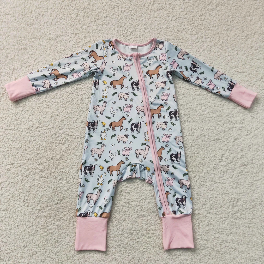 Sibling Baby Girls Long Sleeves Pigs Cows Top Pant Farm Clothes Set Zip Rompers