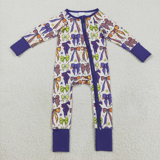 LR2403  Bows Stars Purple Print Baby Girls Halloween Zipper Sleeper Romper