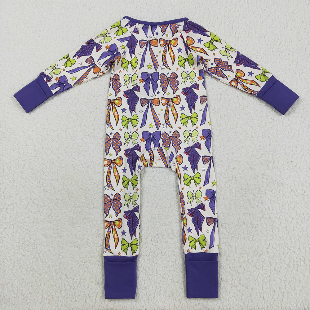 LR2403  Bows Stars Purple Print Baby Girls Halloween Zipper Sleeper Romper
