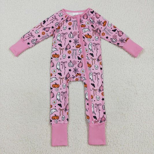 LR2405  Pumpkin Ghost Flowers Bows Pink Print Baby Girls Halloween Zipper Sleeper Romper