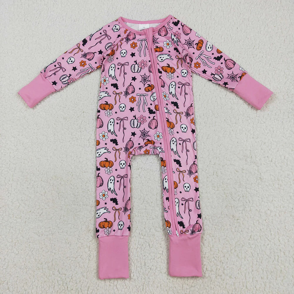 Sibling Baby Girls Pink Ghosts Pumpkins Halloween Rompers Pajamas Sets
