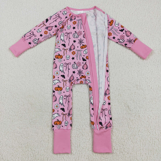LR2405  Pumpkin Ghost Flowers Bows Pink Print Baby Girls Halloween Zipper Sleeper Romper