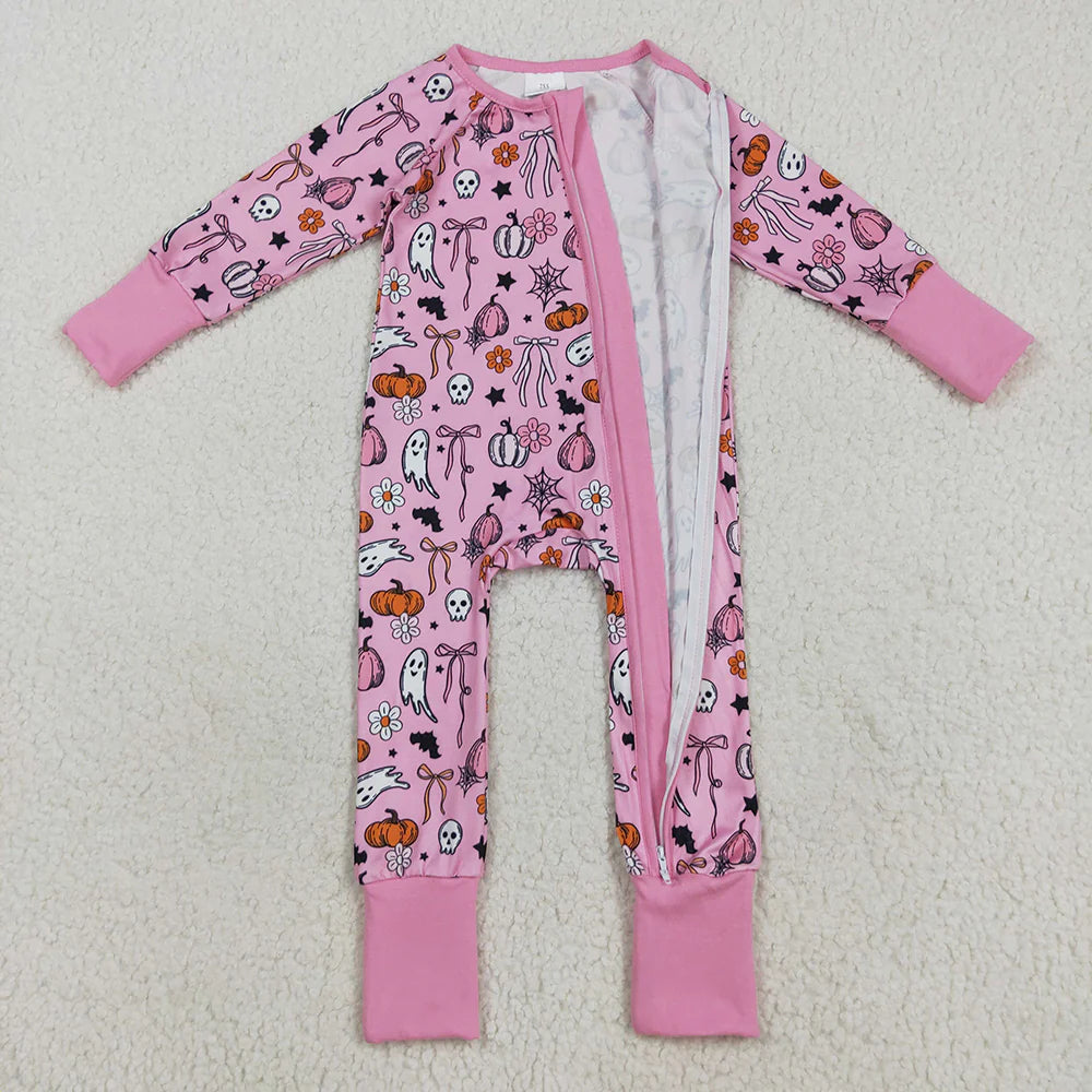 Sibling Baby Girls Pink Ghosts Pumpkins Halloween Rompers Pajamas Sets