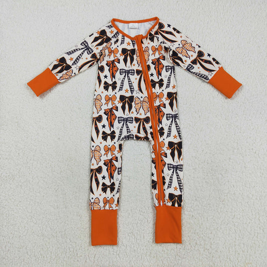 LR2409  Bows Stars Orange Print Baby Girls Halloween Zipper Sleeper Romper