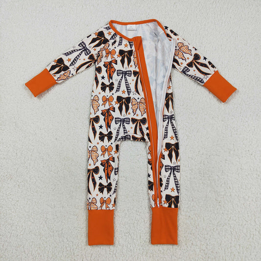 LR2409  Bows Stars Orange Print Baby Girls Halloween Zipper Sleeper Romper