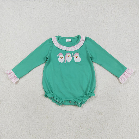 LR2411  Santa Embroidery Pink Checkered Baby Girls Christmas Romper