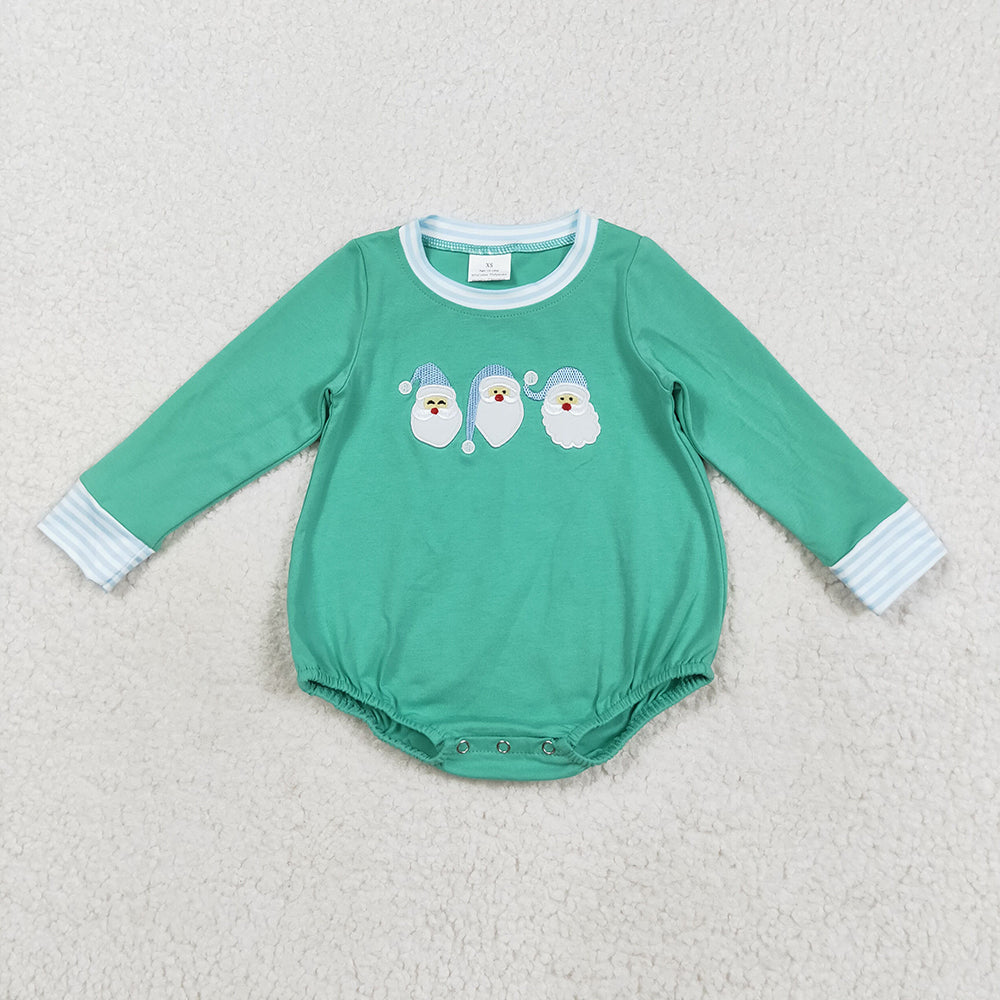 LR2412  Santa Embroidery Blue Checkered Baby Boys Christmas Romper