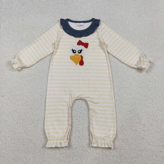 LR2424 Turkey Embroidery Stripes Baby Girls Thanksgiving Romper