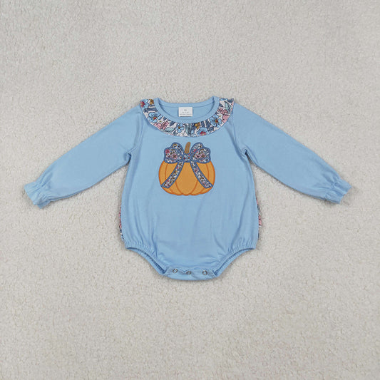 LR2441 Pumpkin Embroidery Blue Flowers Ruffles Baby Girls Fall Romper