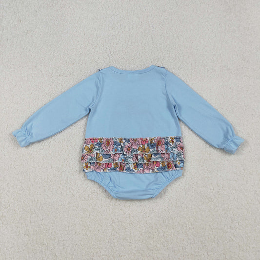 LR2441 Pumpkin Embroidery Blue Flowers Ruffles Baby Girls Fall Romper