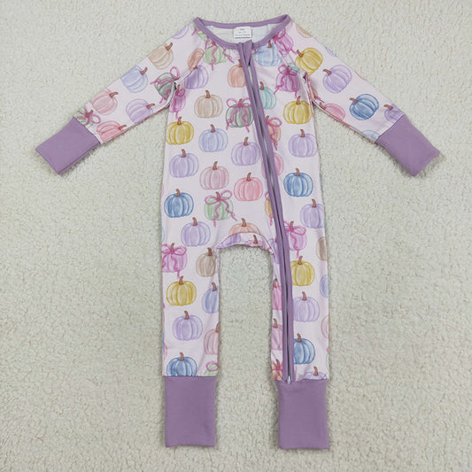 LR2442 Colorful Pumpkin Bows Print Baby Girls Fall Zipper Sleeper Romper