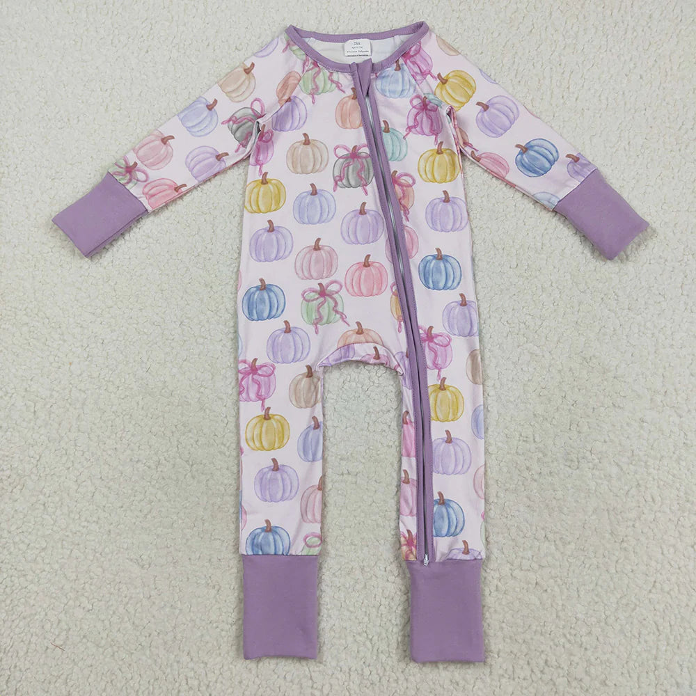 Sibling Baby Girls Purple Pumpkins Fall Pajamas Sets Ruffle Zipper Footie Rompers