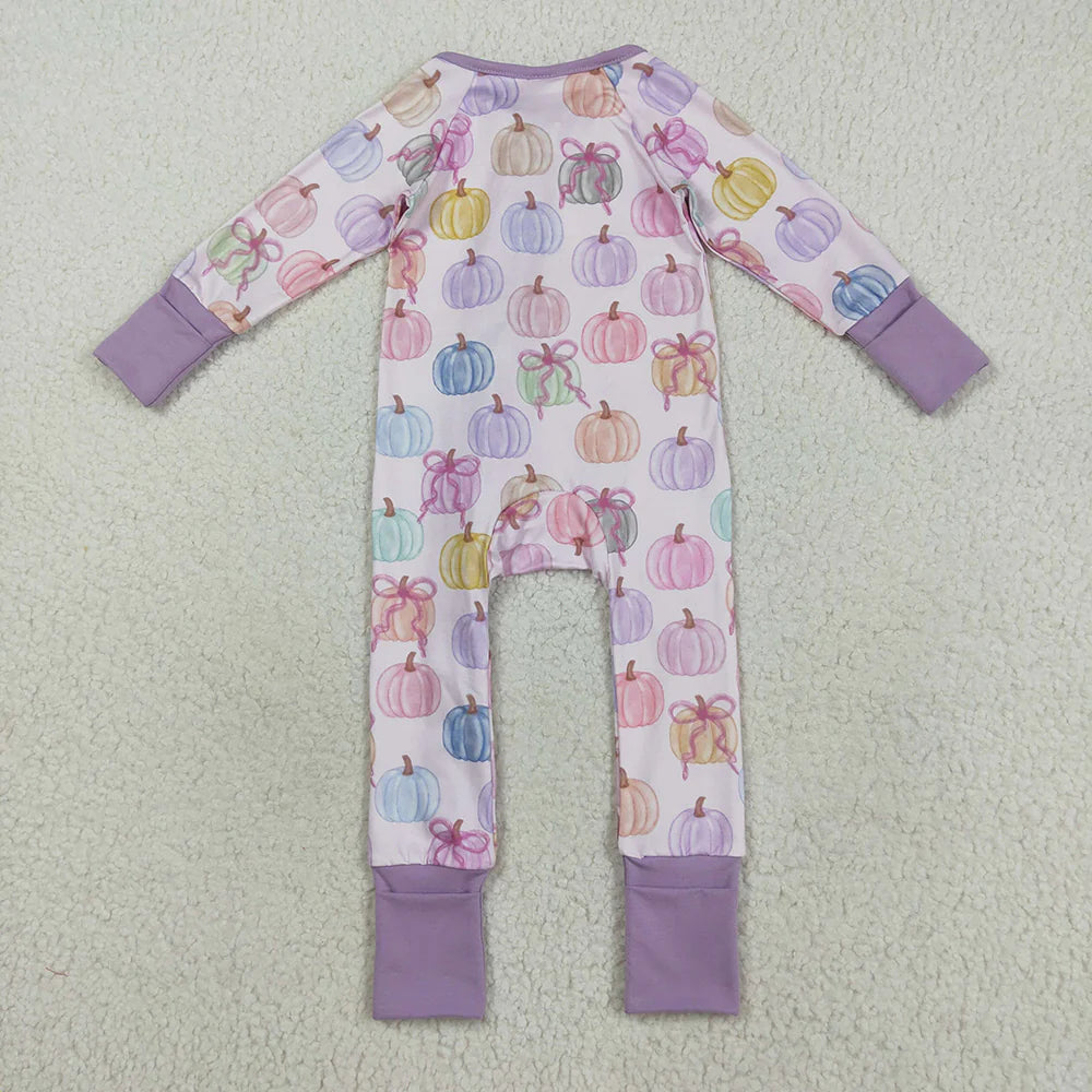 Sibling Baby Girls Purple Pumpkins Fall Pajamas Sets Ruffle Zipper Footie Rompers