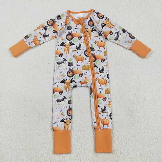 LR2444  Pumpkin Farm Animals Baby Boys Halloween Zipper Sleeper Romper