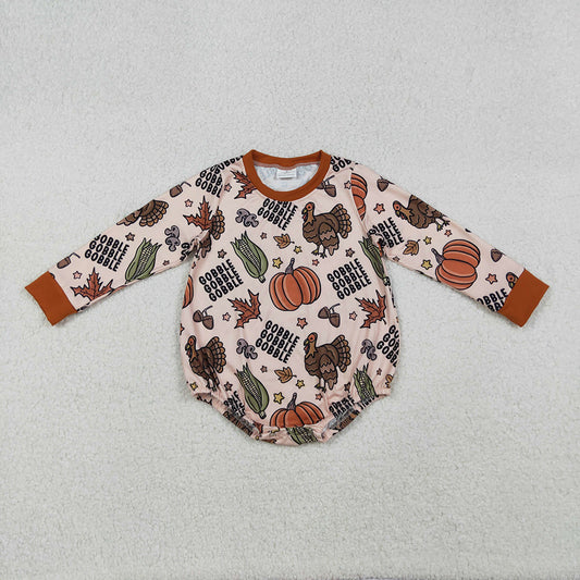LR2447 Turkey Pumpkin Gobble Print Baby Girls Thanksgiving Romper