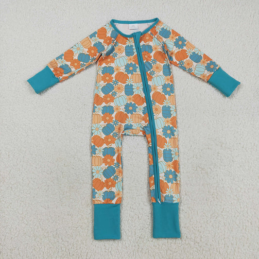 LR2461 Pumpkin Flowers Print Baby Girls Fall Zipper Sleeper Romper