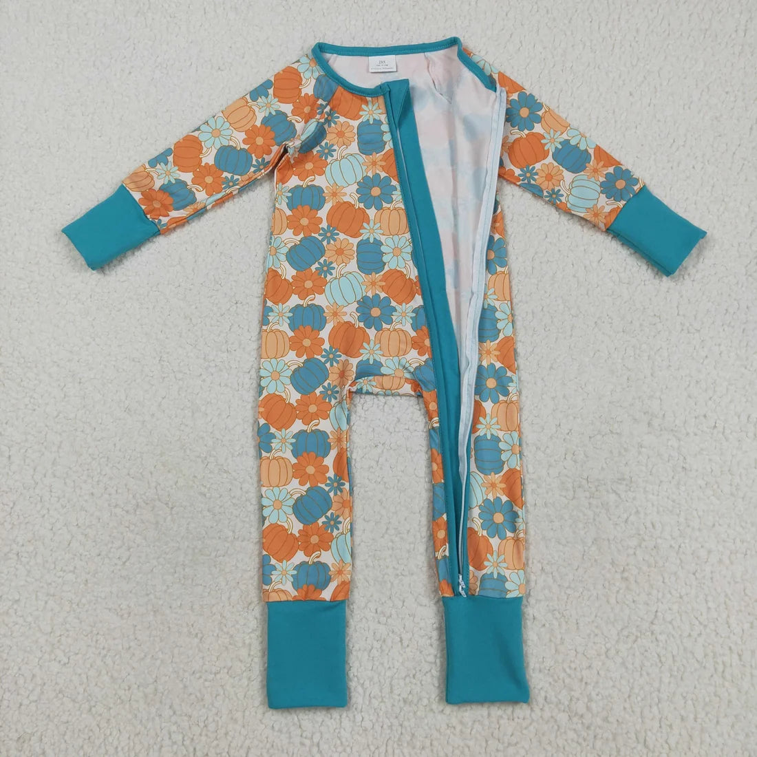 Sibling Baby  Colorful Flowers Pumpkins Fall Two Way Zip Convertible Rompers