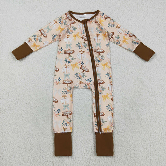 LR2462 Pumpkin Flowers Bows Print Baby Girls Fall Zipper Sleeper Romper