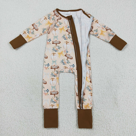 LR2462 Pumpkin Flowers Bows Print Baby Girls Fall Zipper Sleeper Romper