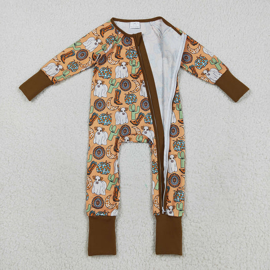 LR2463  Highland Cow Cactus Boots Print Baby Halloween Zipper Sleeper Romper