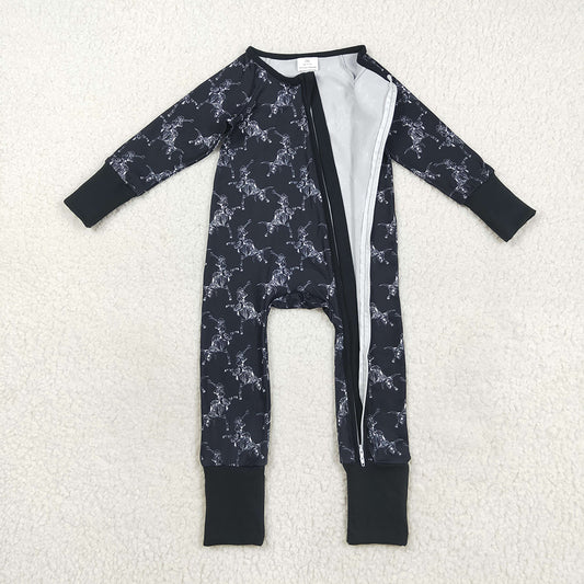 LR2466  Skull Black Print Baby Boys Halloween Zipper Sleeper Romper