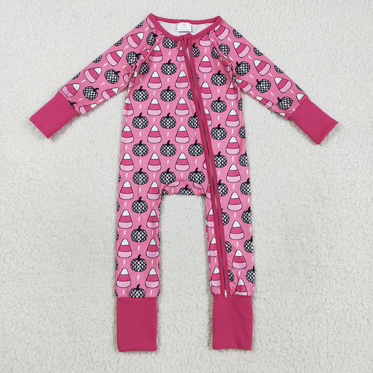 LR2467  Pumpkin Candy Pink Print Baby Girls Halloween Zipper Sleeper Romper