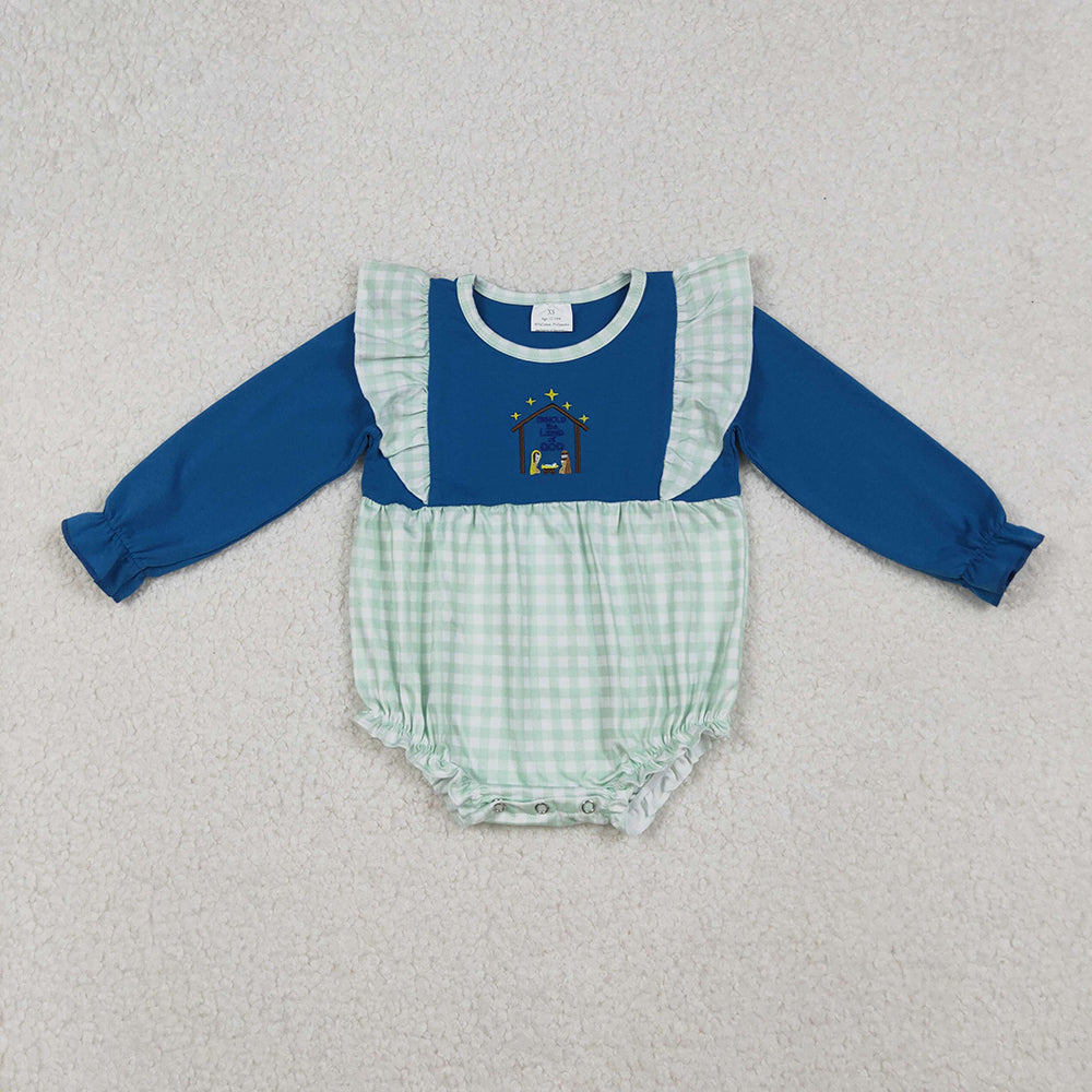 LR2477  Nativity Embroidery Checkered Baby Girls Christmas Romper
