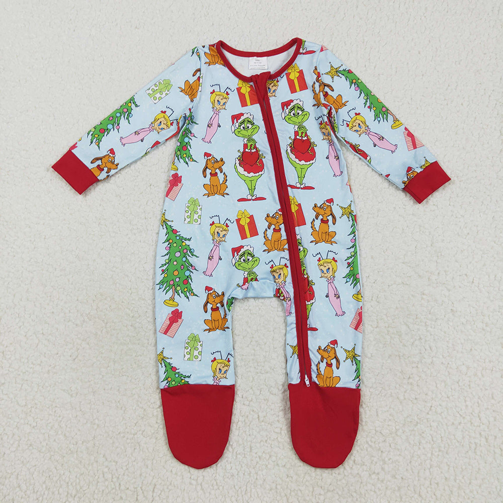 LR2478 Green Frog Print Baby Christmas Zipper Sleeper Footie Romper