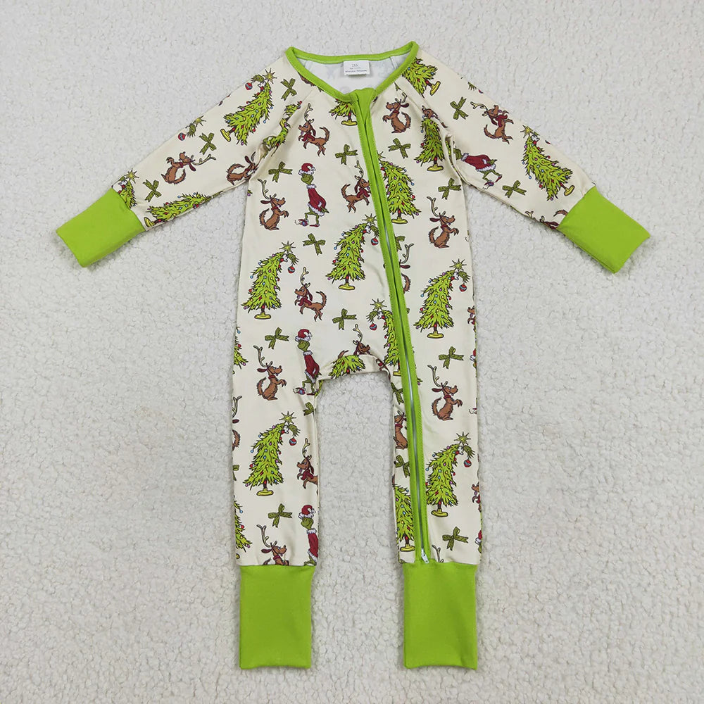 Sibling Baby Kids Green Face Christmas Trees Pajams Sets Zipper Footie Rompers