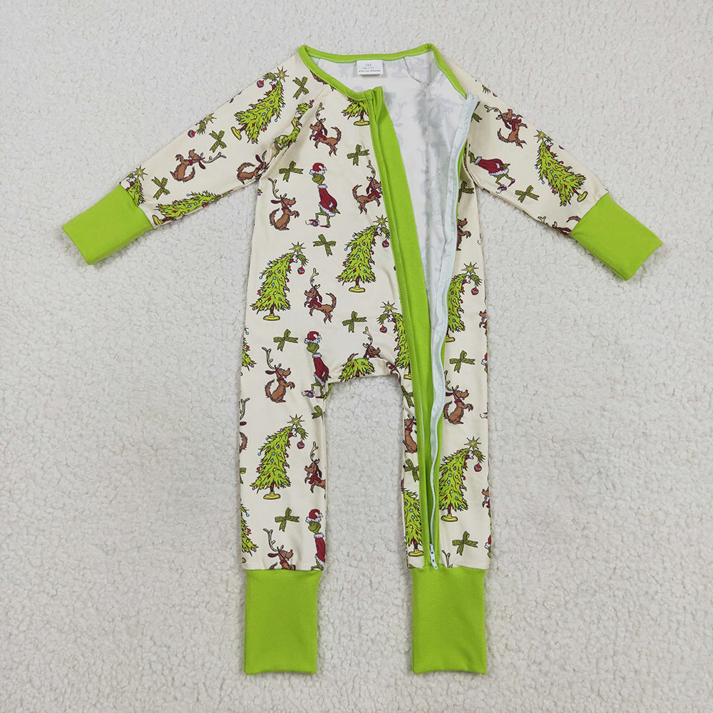 LR2481 Green Frog Tree Print Baby Christmas Zipper Sleeper Romper
