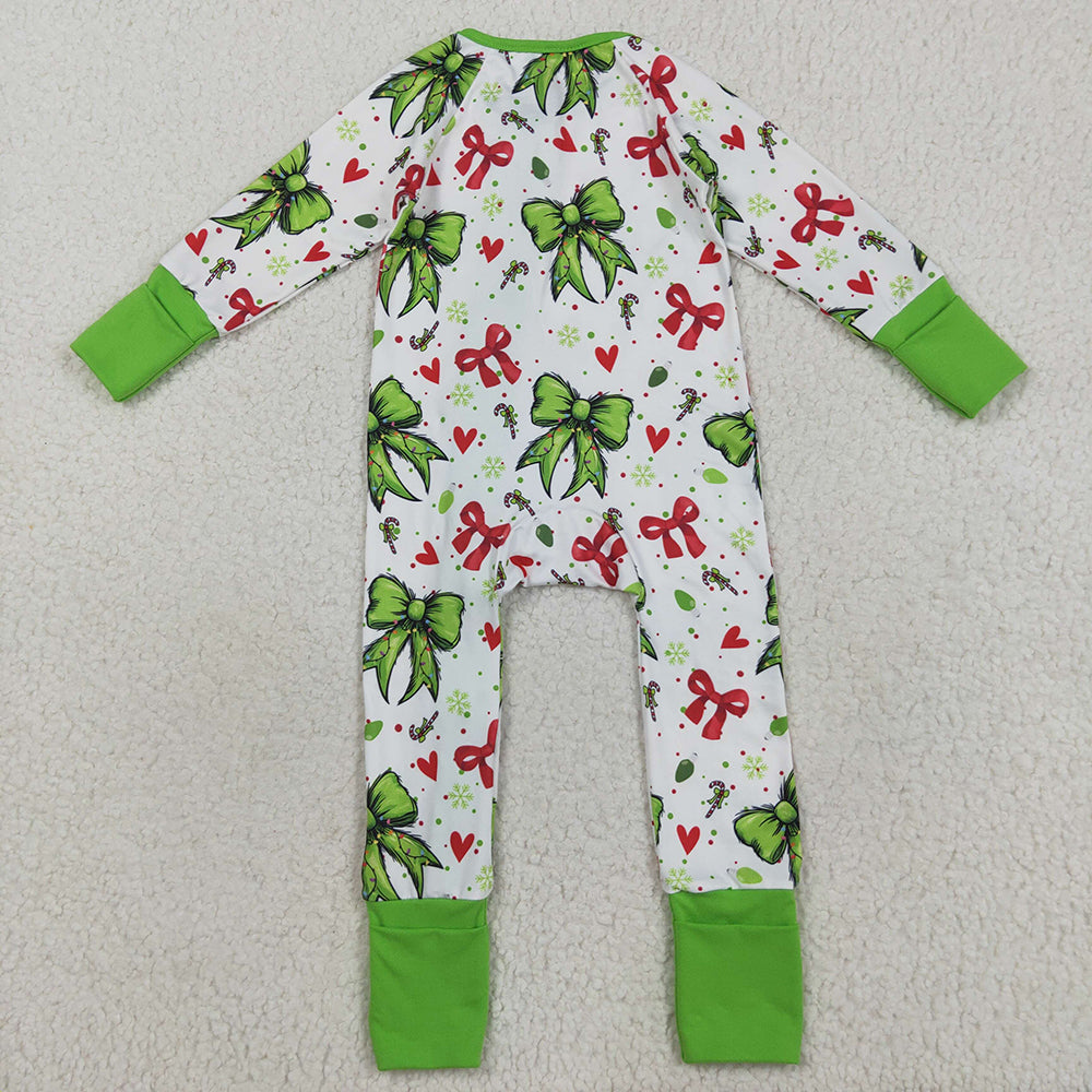 LR2482 Green Frog Bows Candy Cane Print Baby Girls Christmas Zipper Sleeper Romper