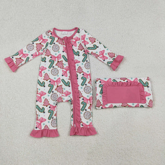 LR2486 Bows Candy Cane Print Baby Girls Christmas Zipper Sleeper Romper