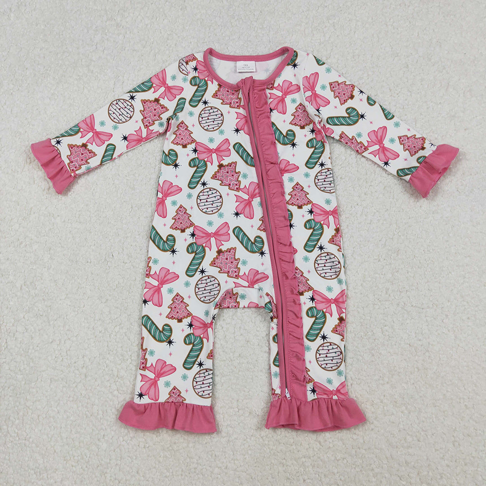 LR2486 Bows Candy Cane Print Baby Girls Christmas Zipper Sleeper Romper