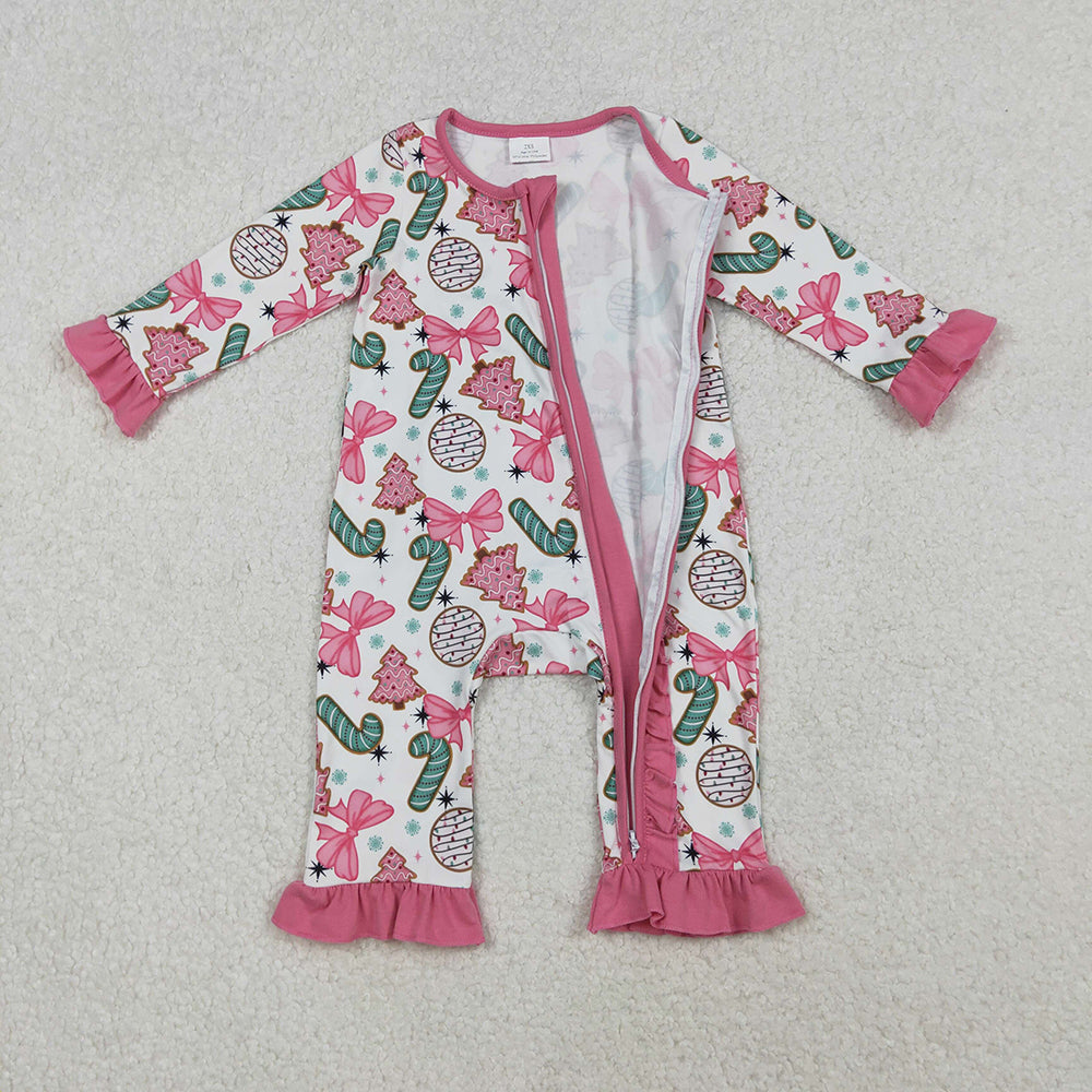 LR2486 Bows Candy Cane Print Baby Girls Christmas Zipper Sleeper Romper