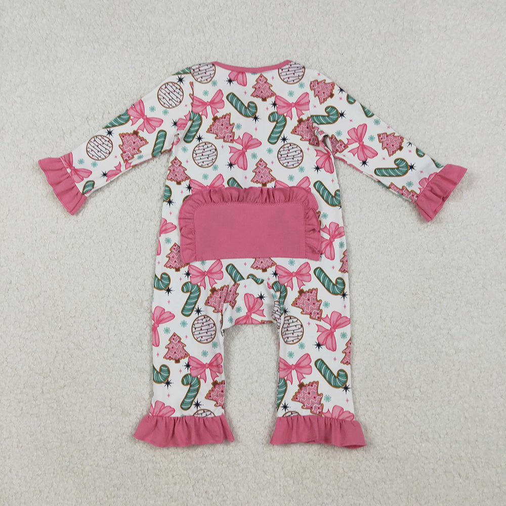 LR2486 Bows Candy Cane Print Baby Girls Christmas Zipper Sleeper Romper