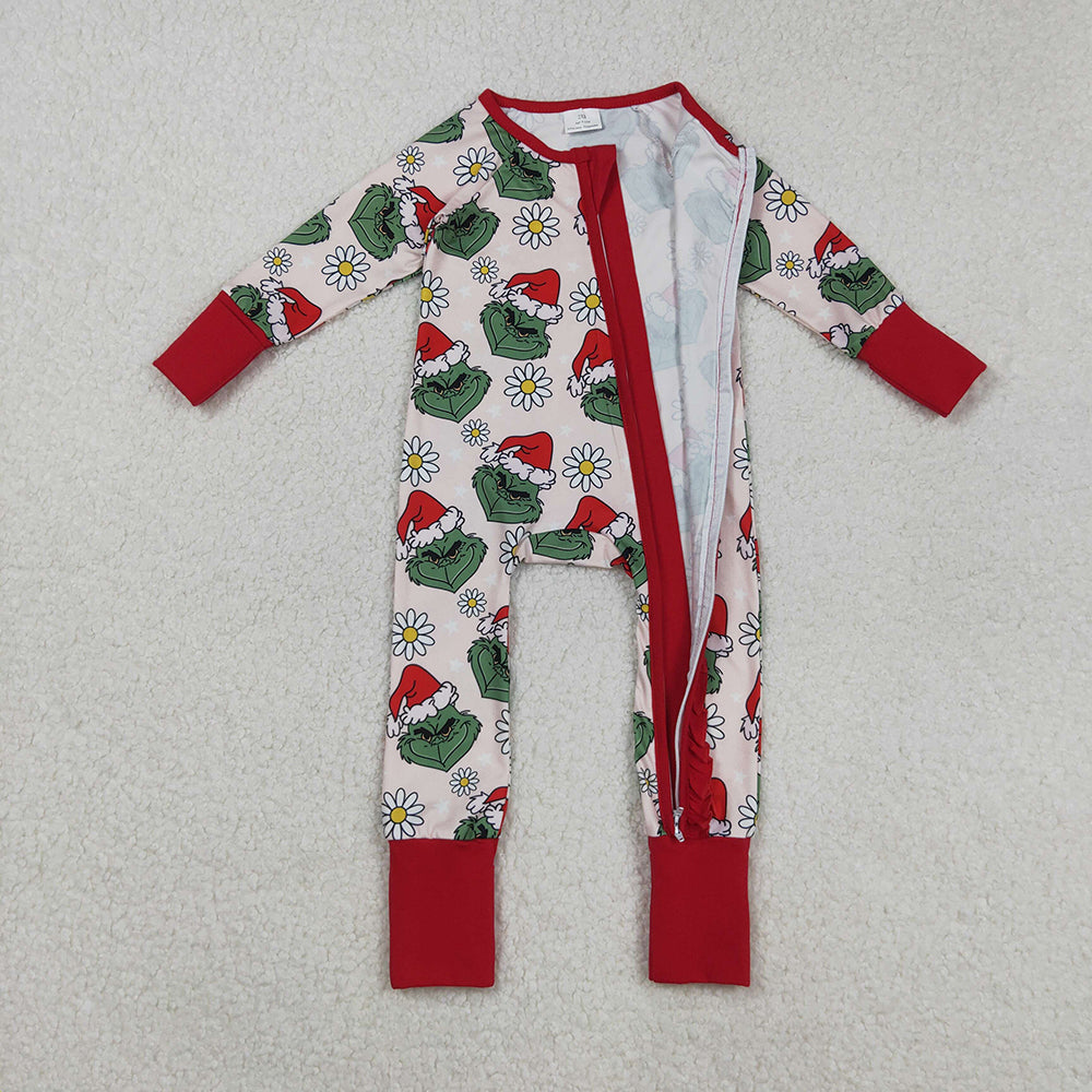 LR2489 Green Frog Smiling Flowers Print Baby Girls Christmas Zipper Sleeper Romper