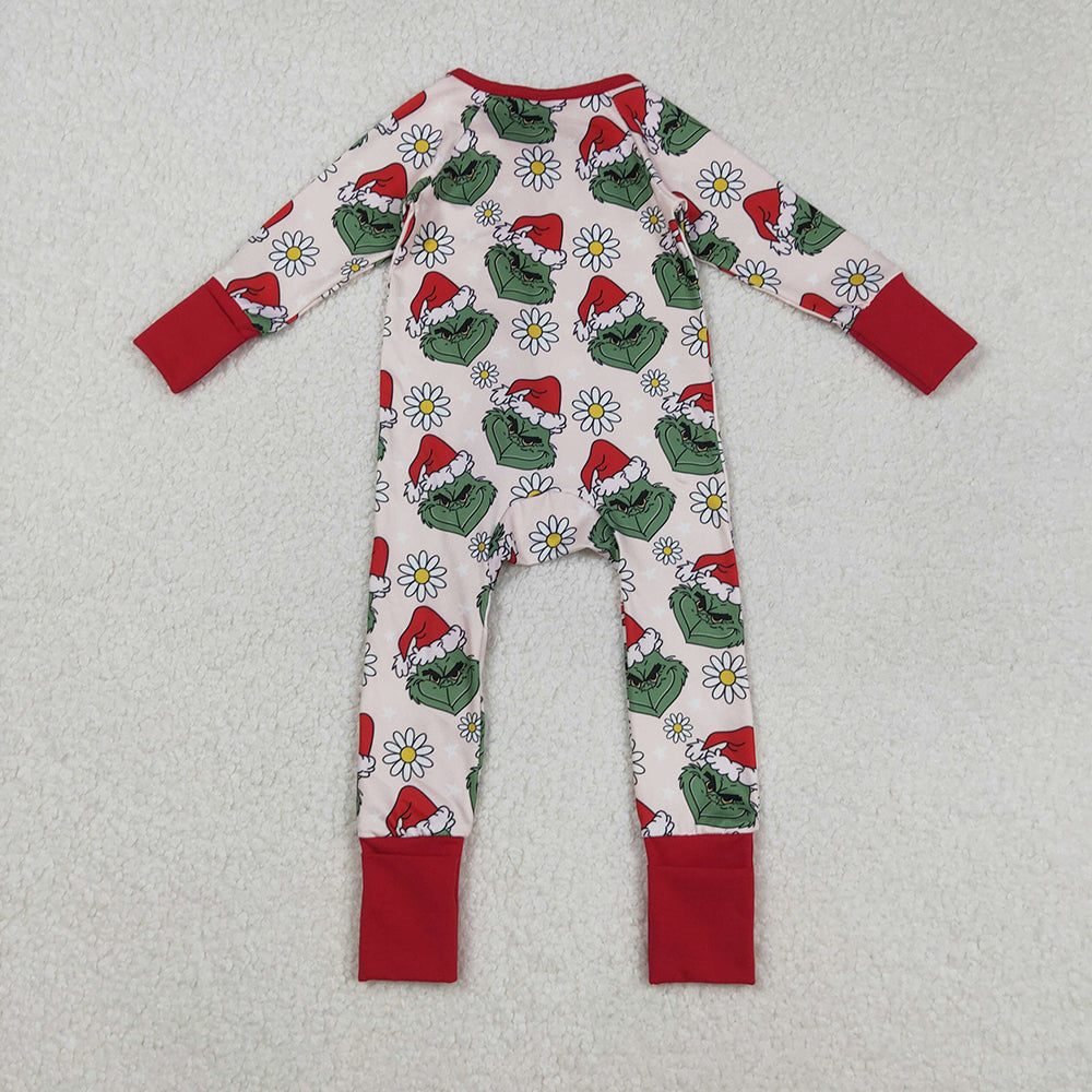 LR2489 Green Frog Smiling Flowers Print Baby Girls Christmas Zipper Sleeper Romper